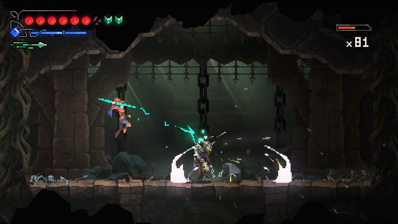 Fjor fighting an armoured enemy in a torch-lit stone hall